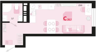 Планировка Студия, 26.7 м² ЖК «Первое место»