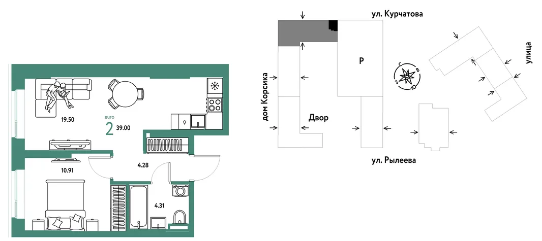 Планировка 2-комн. квартира, 39 м² ЖК «Остров-сад»