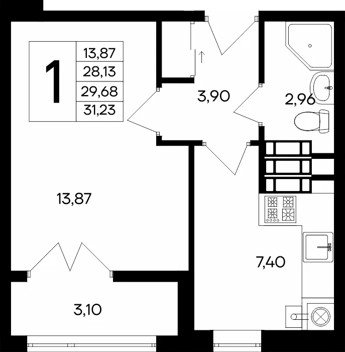Планировка 1-комн. квартира, 31.23 м² ЖК «Сезоны»