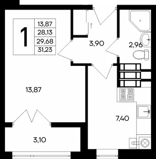 Планировка 1-комн. квартира, 31.23 м² ЖК «Сезоны»