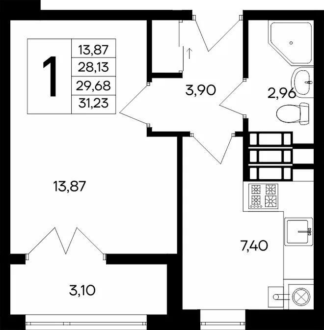 Планировка 1-комн. квартира, 31.23 м² ЖК «Сезоны» Планировка 1-комн. квартира, 31.23 м² ЖК «Сезоны»