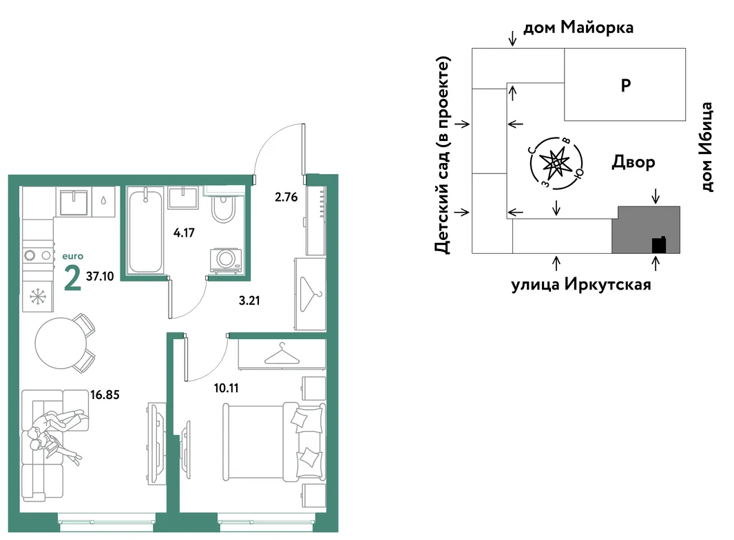 Планировка 2-комн. квартира, 37.1 м² ЖК «Остров-сад»