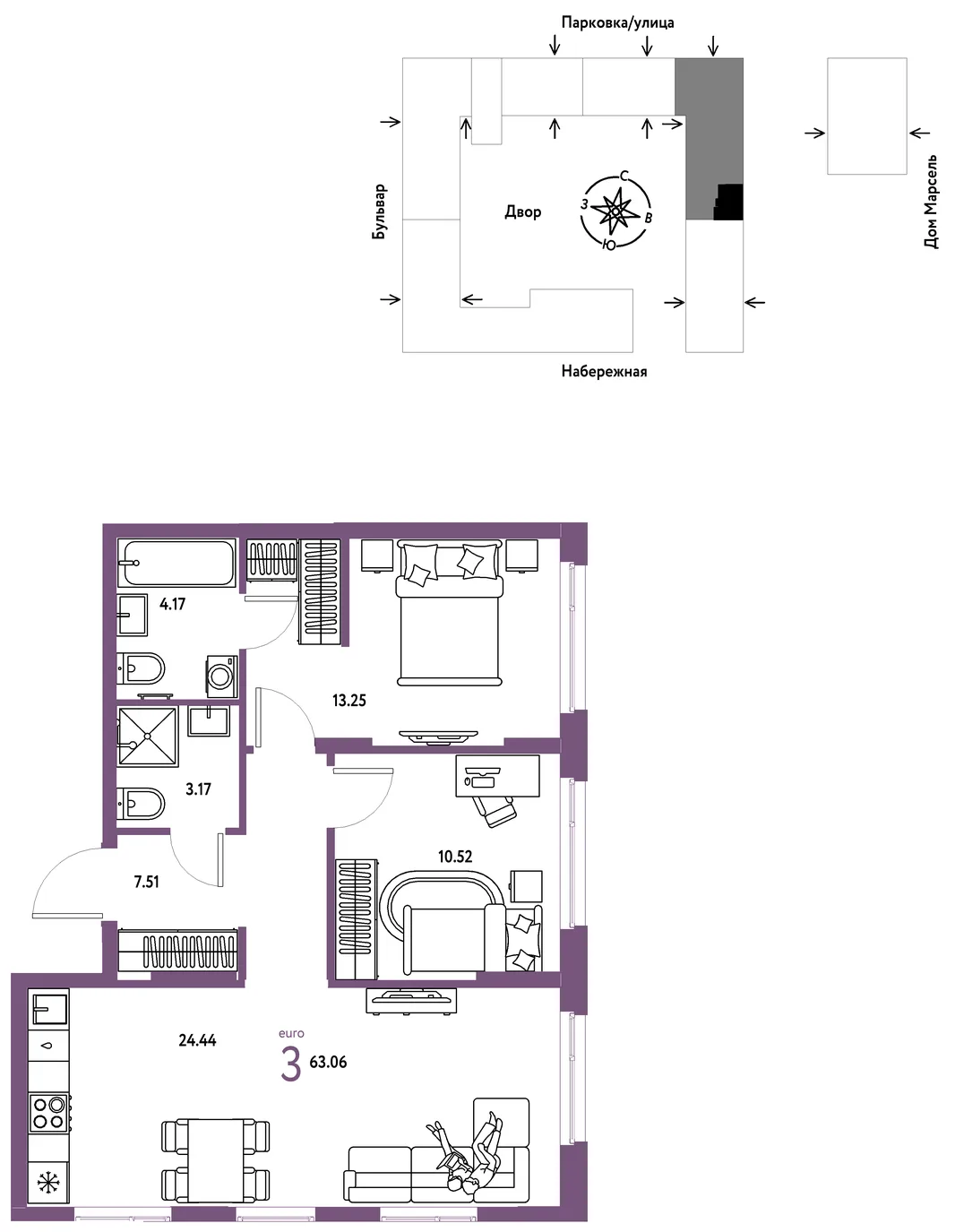 Планировка 3-комн. квартира, 63.06 м² ЖК «Европейский берег 2.0»