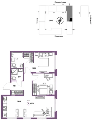 Планировка 3-комн. квартира, 63.06 м² ЖК «Европейский берег 2.0»