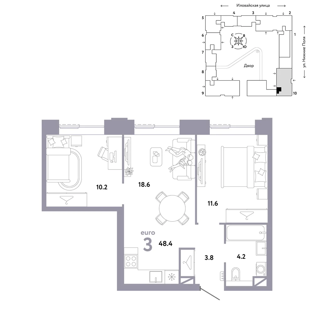 Планировка 3-комн. квартира, 48.4 м² ЖК «Страна.Заречная»