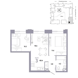 Планировка 3-комн. квартира, 48.4 м² ЖК «Страна.Заречная»