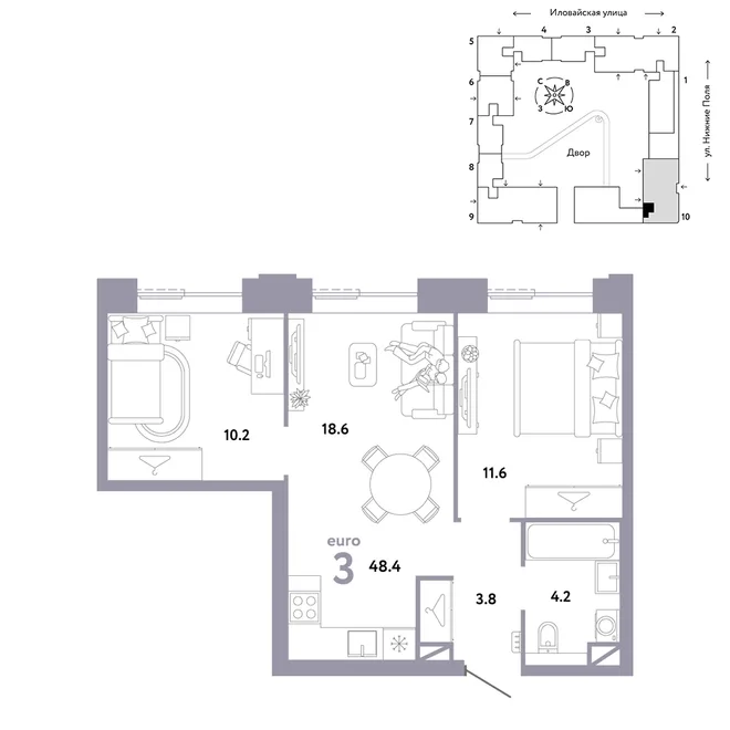 Планировка 3-комн. квартира, 48.4 м² ЖК «Страна.Заречная» Планировка 3-комн. квартира, 48.4 м² ЖК «Страна.Заречная»