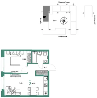 Планировка 2-комн. квартира, 40.18 м² ЖК «Европейский берег 2.0»