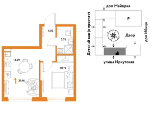 Планировка 1-комн. квартира, 31.46 м² ЖК «Остров-сад»