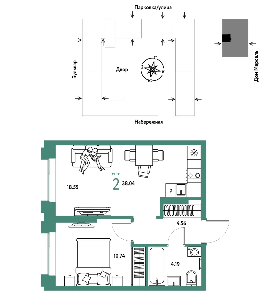 Планировка 2-комн. квартира, 38.04 м² ЖК «Европейский берег 2.0»