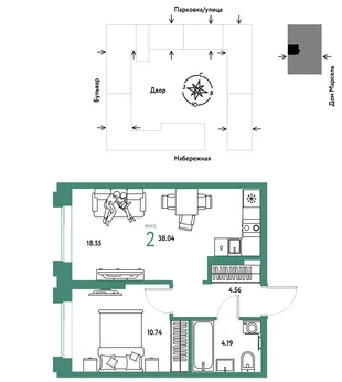 Планировка 2-комн. квартира, 38.04 м² ЖК «Европейский берег 2.0»