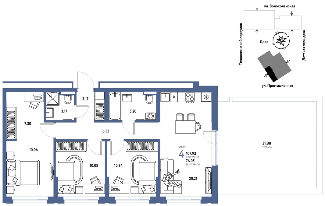 Планировка 4-комн. квартира, 107.93 м² ЖК «Страна Прибрежная»