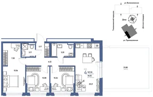 Планировка 4-комн. квартира, 107.93 м² ЖК «Страна Прибрежная»