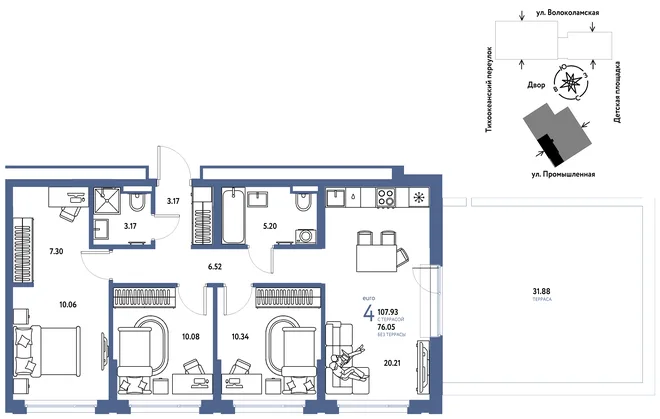 Планировка 4-комн. квартира, 107.93 м² ЖК «Страна Прибрежная»