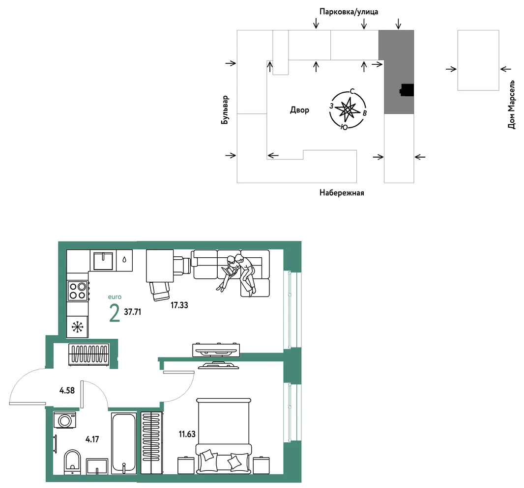 Планировка 2-комн. квартира, 37.71 м² ЖК «Европейский берег 2.0»