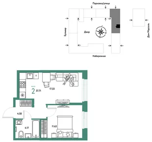 Планировка 2-комн. квартира, 37.71 м² ЖК «Европейский берег 2.0»