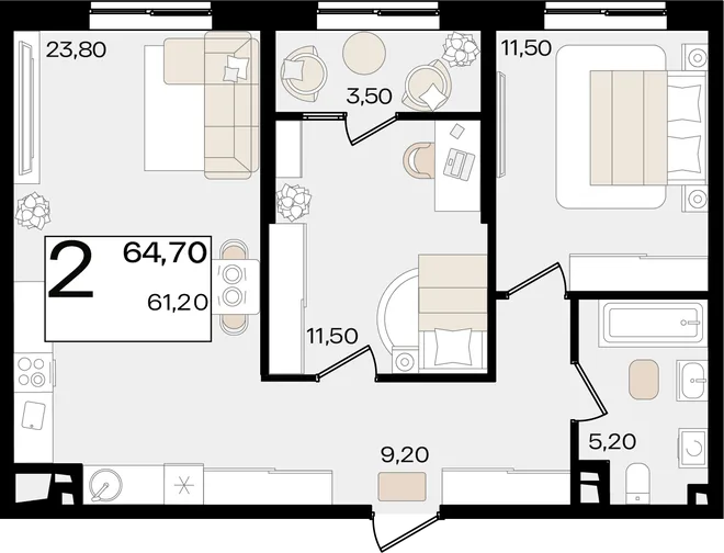 Планировка 2-комн. квартира, 64.7 м² ЖК «Патрики» Планировка 2-комн. квартира, 64.7 м² ЖК «Патрики»