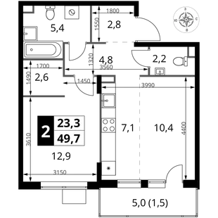 Планировка 2-комн. квартира, 49.7 м² ЖК «1-й Шереметьевский»
