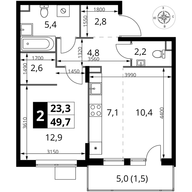 Планировка 2-комн. квартира, 49.7 м² ЖК «1-й Шереметьевский» Планировка 2-комн. квартира, 49.7 м² ЖК «1-й Шереметьевский»