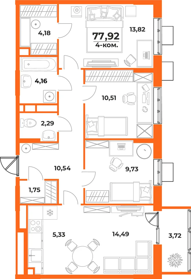 Планировка 4-комн. квартира, 77.92 м² ЖК «Живописный сад» Планировка 4-комн. квартира, 77.92 м² ЖК «Живописный сад»