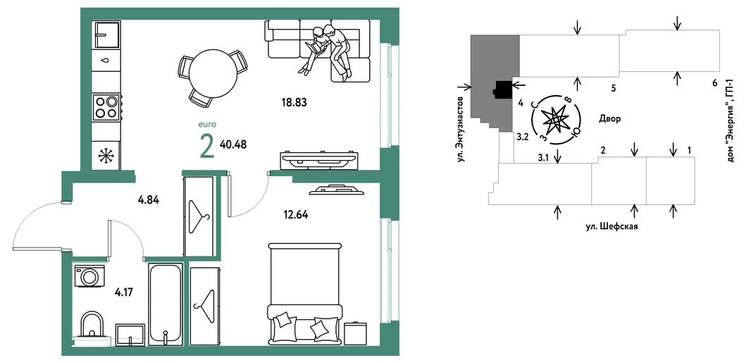 Планировка 2-комн. квартира, 40.48 м² ЖК «Страна.Энтузиастов»