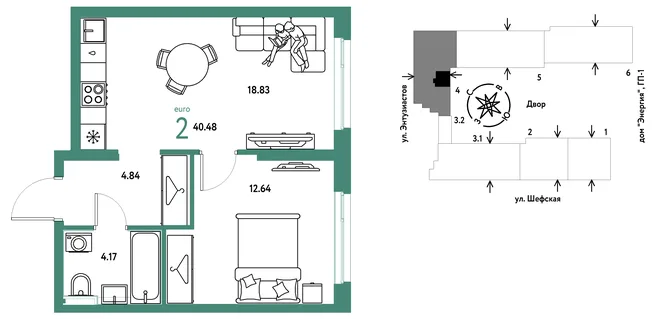 Планировка 2-комн. квартира, 40.48 м² ЖК «Страна.Энтузиастов» Планировка 2-комн. квартира, 40.48 м² ЖК «Страна.Энтузиастов»