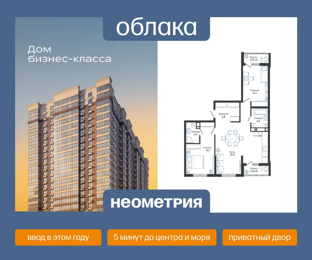 Планировка 2-комн. квартира, 84 м² ЖК «Облака»