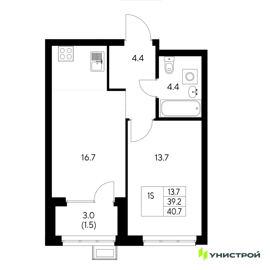 Планировка 1-комн. квартира, 40.7 м² ЖК «Стадиум»