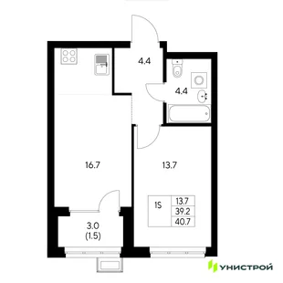 Планировка 1-комн. квартира, 40.7 м² ЖК «Стадиум»