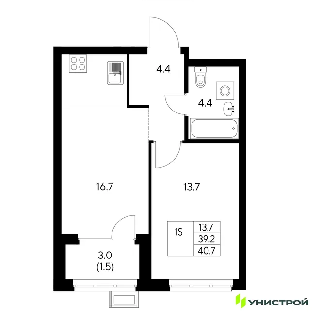 Планировка 1-комн. квартира, 40.7 м² ЖК «Стадиум» Планировка 1-комн. квартира, 40.7 м² ЖК «Стадиум»