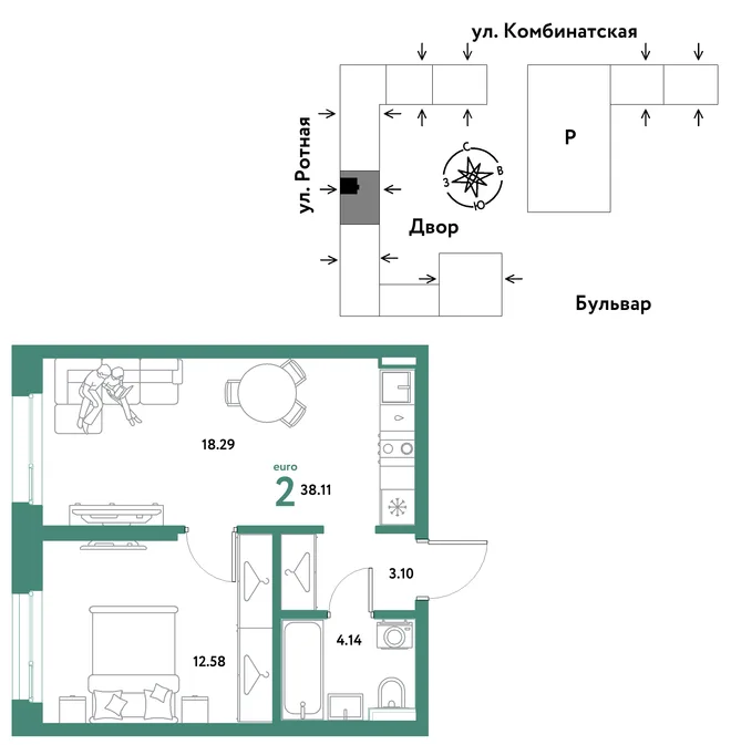 Планировка 2-комн. квартира, 38.11 м² ЖК «Уральский сад» Планировка 2-комн. квартира, 38.11 м² ЖК «Уральский сад»