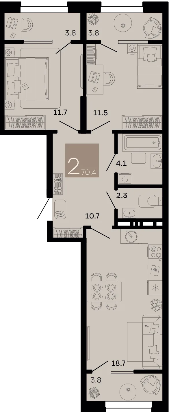 Планировка 2-комн. квартира, 70.4 м² ЖК «Хозяин морей»