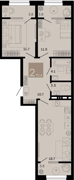 Планировка 2-комн. квартира, 70.4 м² ЖК «Хозяин морей»