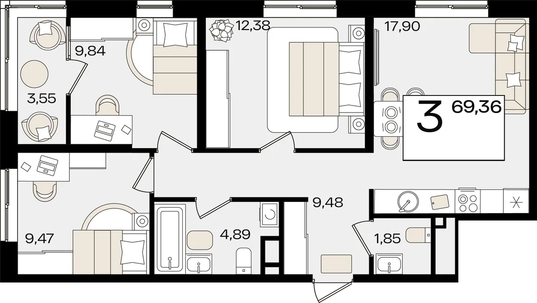 Планировка 3-комн. квартира, 69.36 м² ЖК «Патрики»