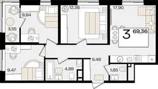 Планировка 3-комн. квартира, 69.36 м² ЖК «Патрики»