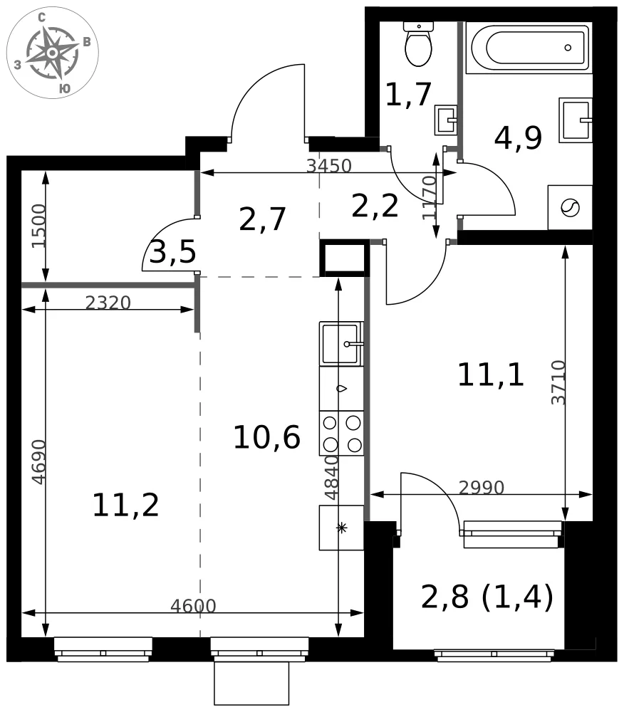 Планировка 2-комн. квартира, 49.3 м² ЖК «1-й Химкинский»
