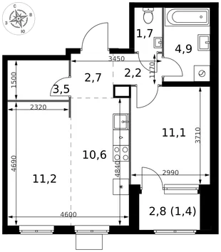 Планировка 2-комн. квартира, 49.3 м² ЖК «1-й Химкинский»