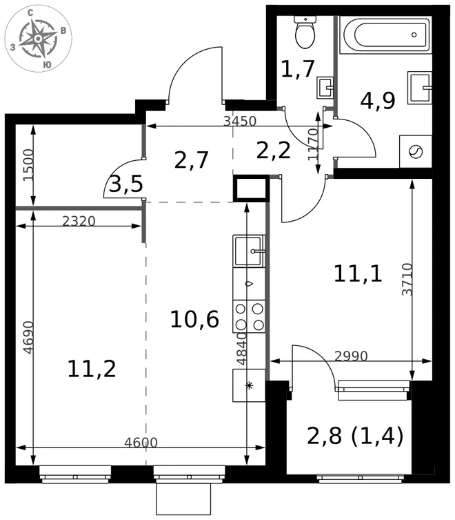 Планировка 2-комн. квартира, 49.3 м² ЖК «1-й Химкинский» Планировка 2-комн. квартира, 49.3 м² ЖК «1-й Химкинский»