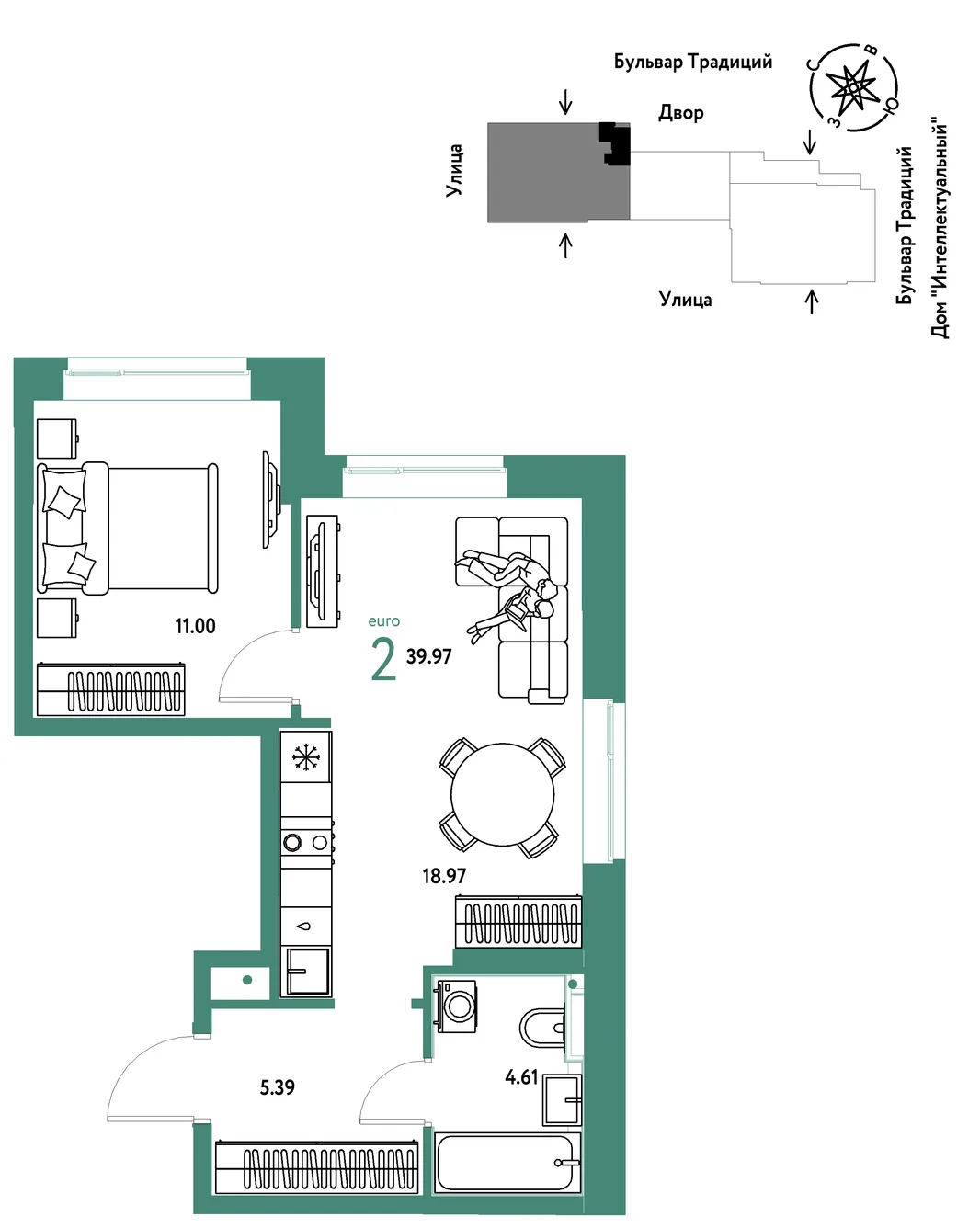 Планировка 2-комн. квартира, 39.97 м² ЖК «Микрорайон Домашний»