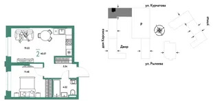 Планировка 2-комн. квартира, 40.07 м² ЖК «Остров-сад»