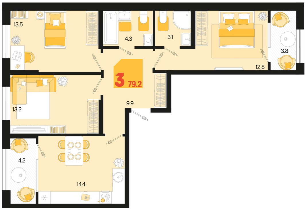 Планировка 3-комн. квартира, 79.2 м² ЖК «Первое место»