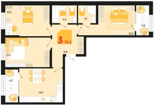Планировка 3-комн. квартира, 79.2 м² ЖК «Первое место»