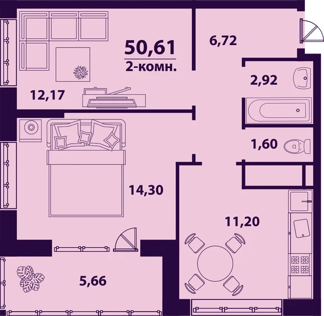Планировка 2-комн. квартира, 50.61 м² ЖК «Сиреневый» Планировка 2-комн. квартира, 50.61 м² ЖК «Сиреневый»