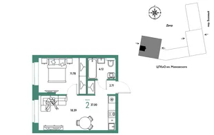 Планировка 2-комн. квартира, 37 м² ЖК «Сибирский сад»
