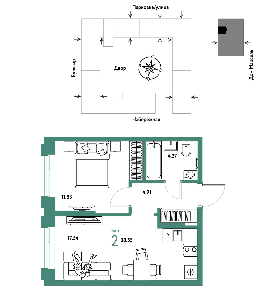 Планировка 2-комн. квартира, 38.55 м² ЖК «Европейский берег 2.0»