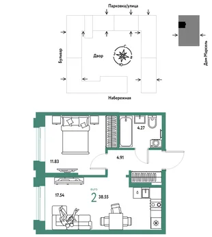 Планировка 2-комн. квартира, 38.55 м² ЖК «Европейский берег 2.0»