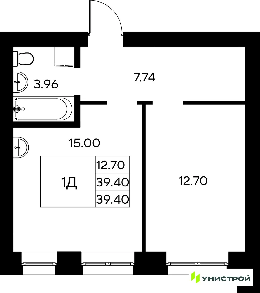 Планировка 1-комн. квартира, 39.4 м² ЖК «Царёво City»