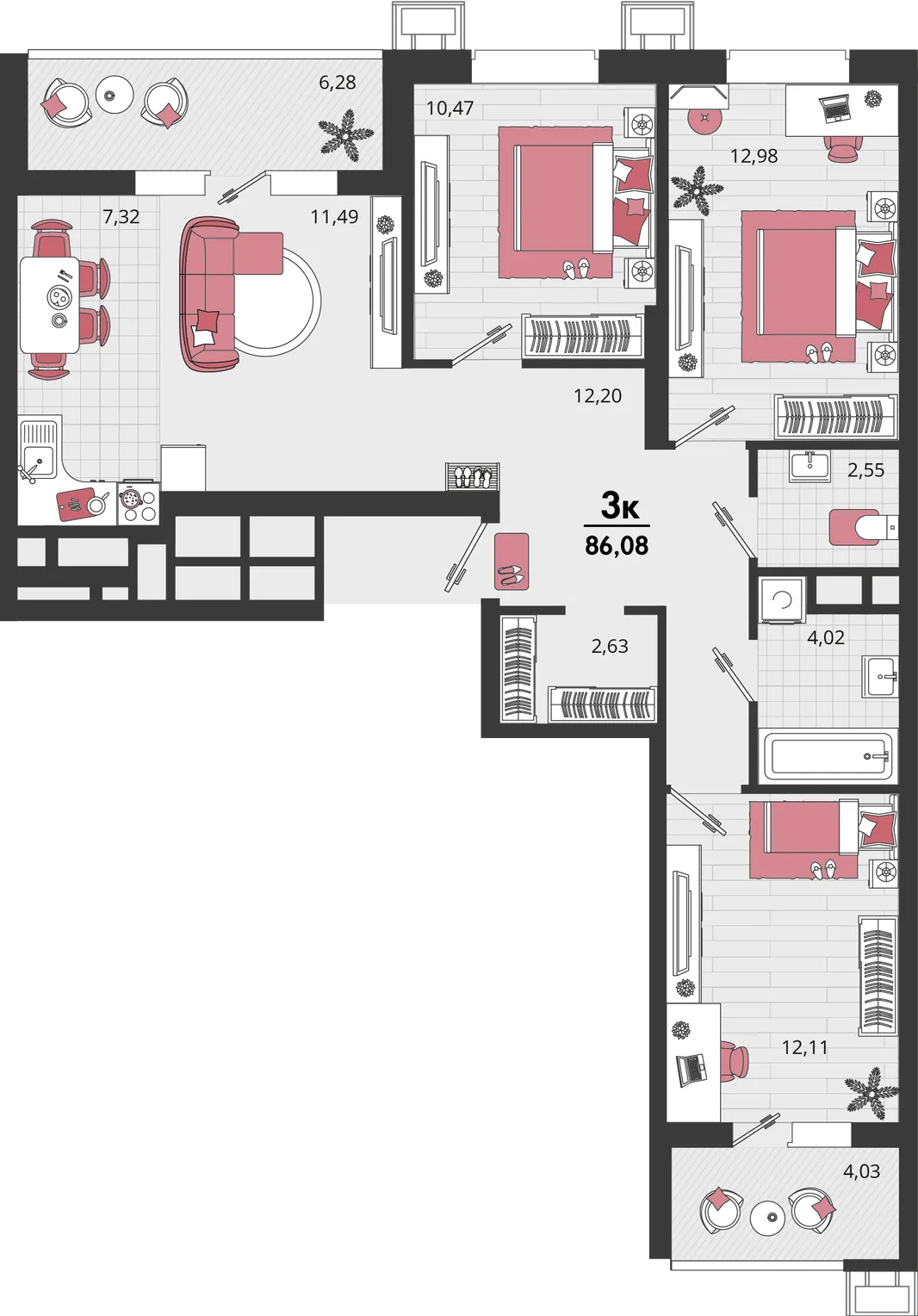 Планировка 4-комн. квартира, 86.08 м² ЖК «Родные просторы»