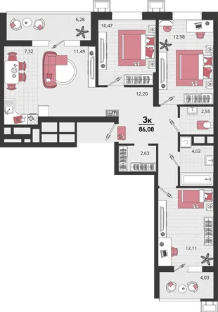 Планировка 4-комн. квартира, 86.08 м² ЖК «Родные просторы»
