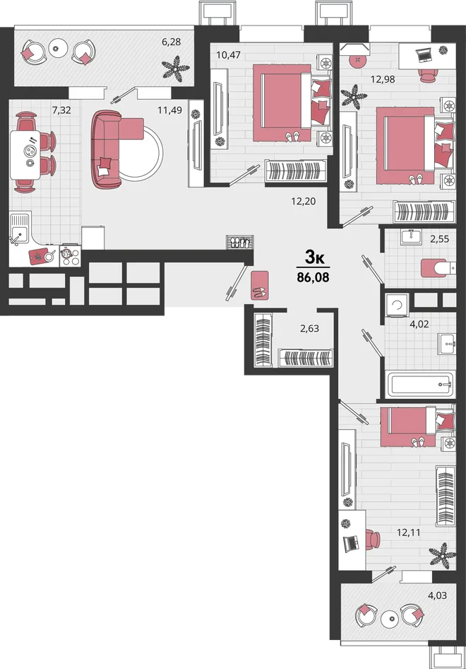 Планировка 4-комн. квартира, 86.08 м² ЖК «Родные просторы» Планировка 4-комн. квартира, 86.08 м² ЖК «Родные просторы»
